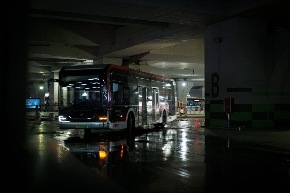 Bus at Parking Lot at Night