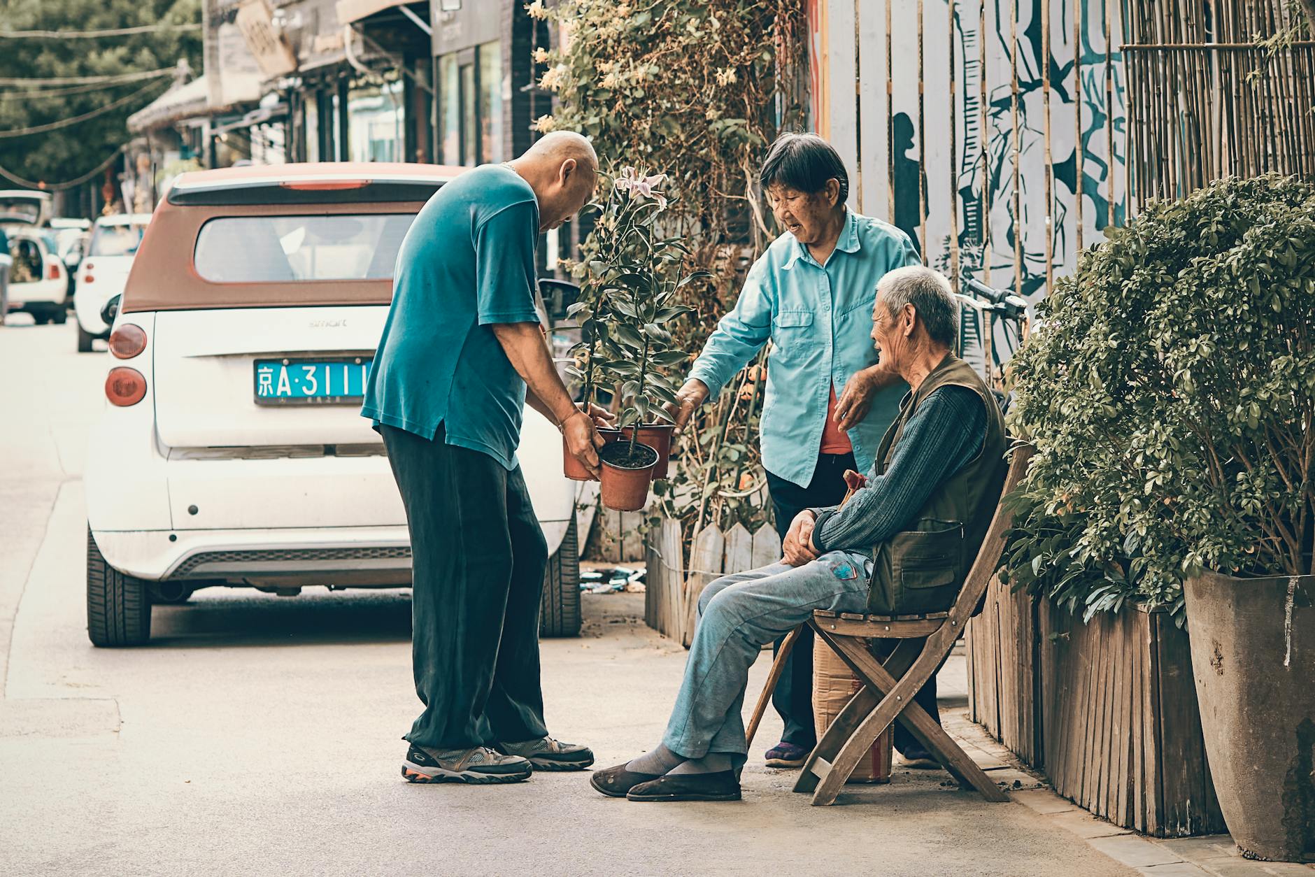 man in blue shirt holding potted plants and talking to a woman in blue button up shirt